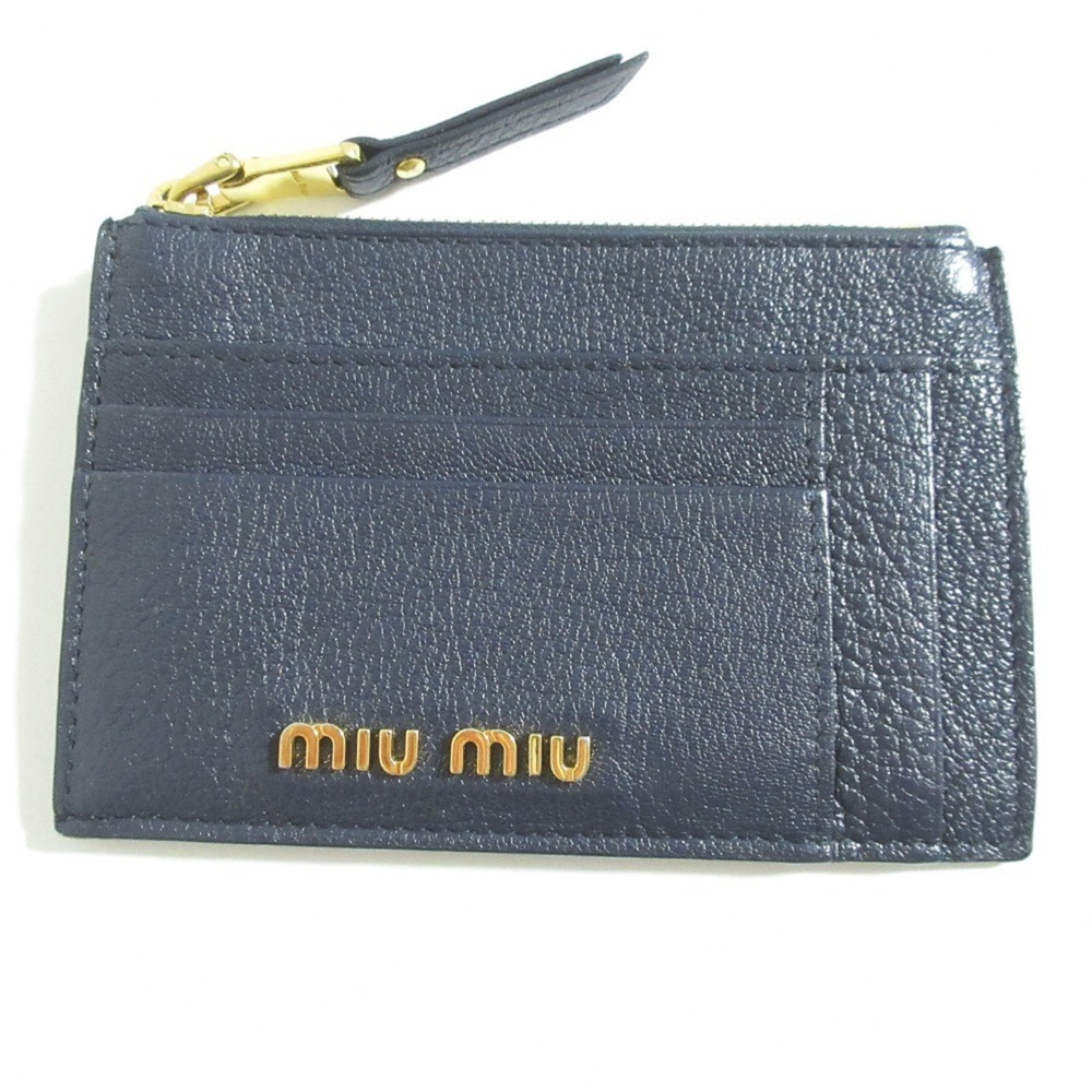 Miu Miu Miu Madras Leather Coin Purse/Card Case, Navy, Women's